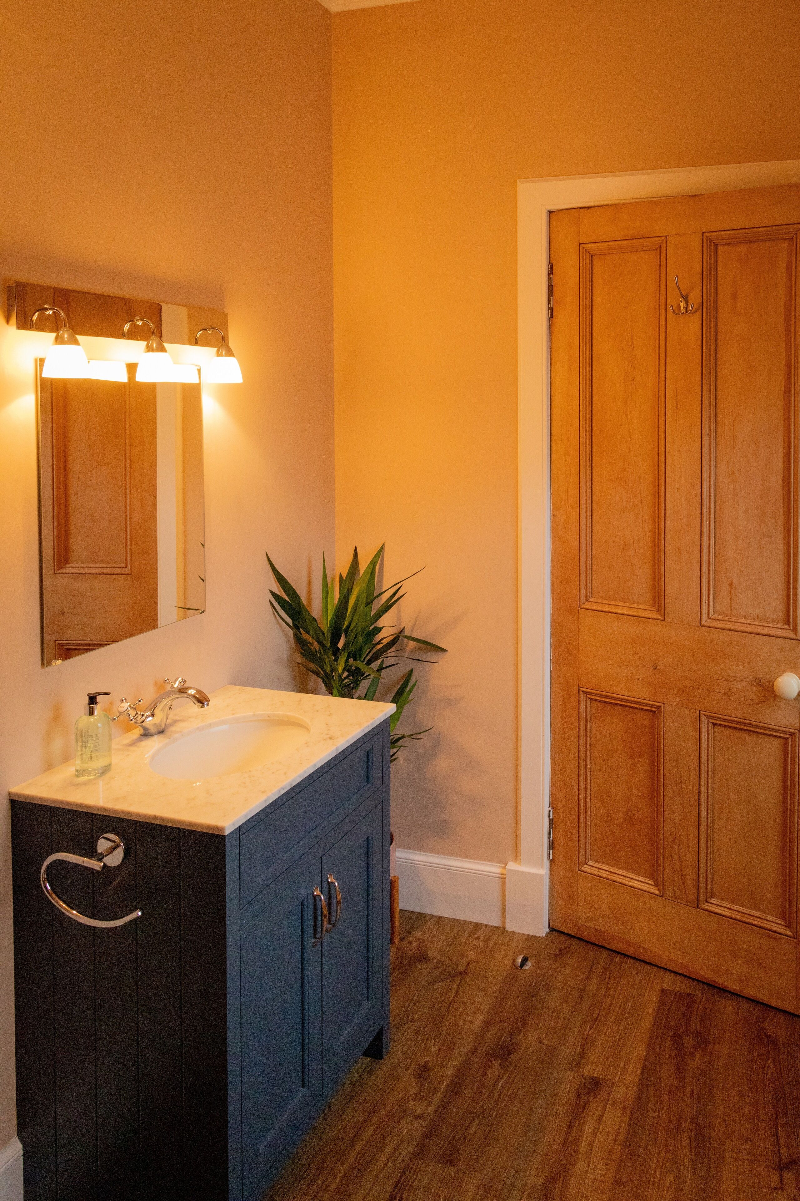 A bathroom with a sink, mirror, and wooden door.
