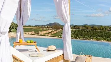Seasonal outdoor pool, pool umbrellas, sun loungers