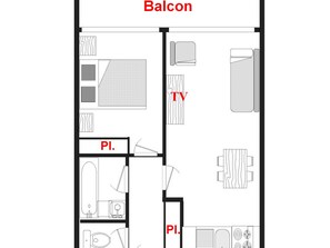 A floor plan of a hotel with two bedrooms, a TV room, and a balcony.