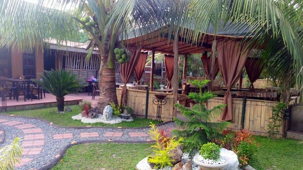 A garden with a wooden pergola, palm trees, and various plants. - Bognot Lodge Mt Pinatubo Guesthouse (Capas)