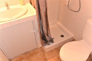 Une salle de bain avec des toilettes, un lavabo et une douche.