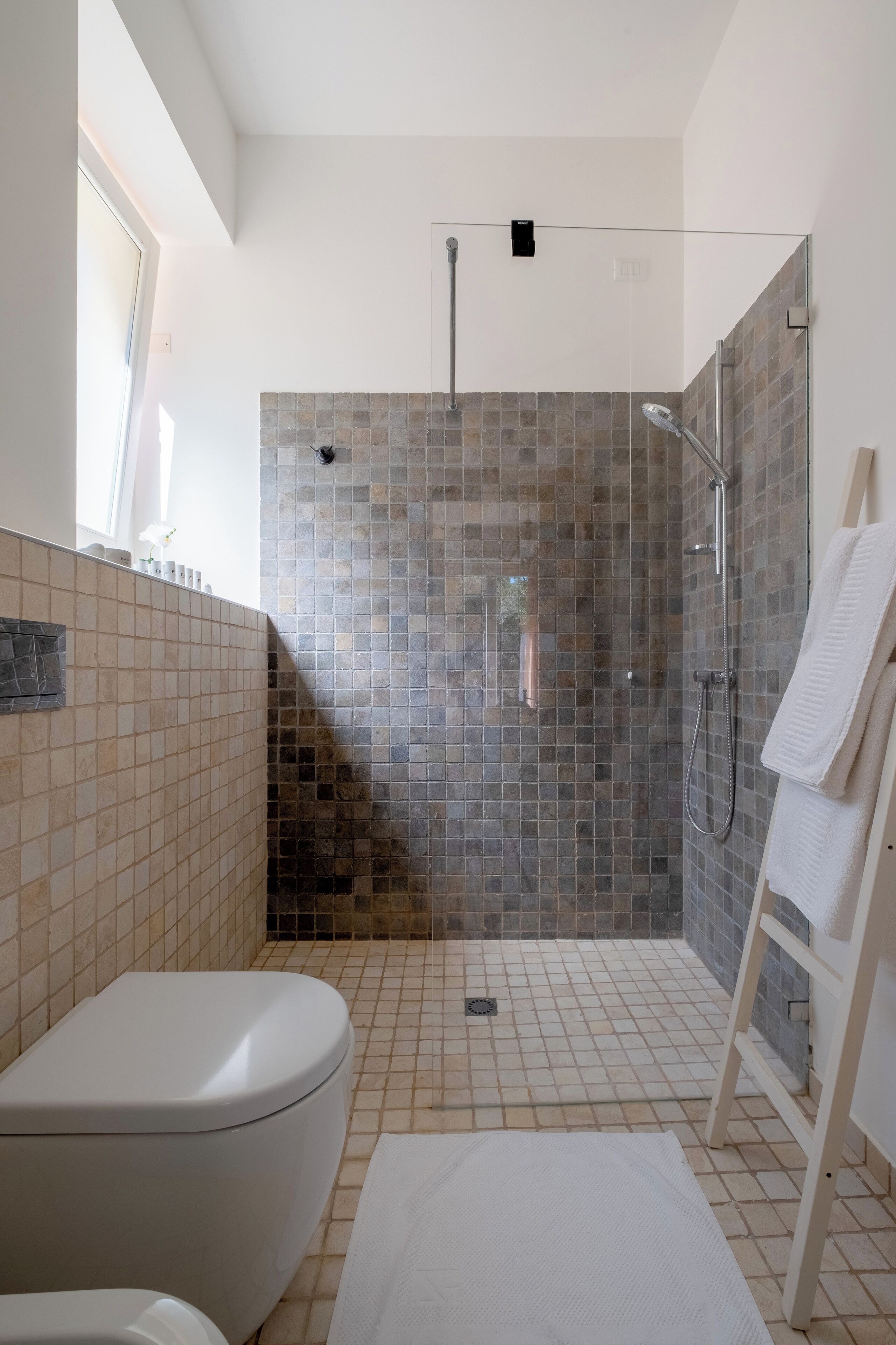A bathroom with a toilet, a shower with a glass door, and a towel rack.