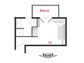 Grundriss mit Balkon, Fernseher und Küchenzeile.