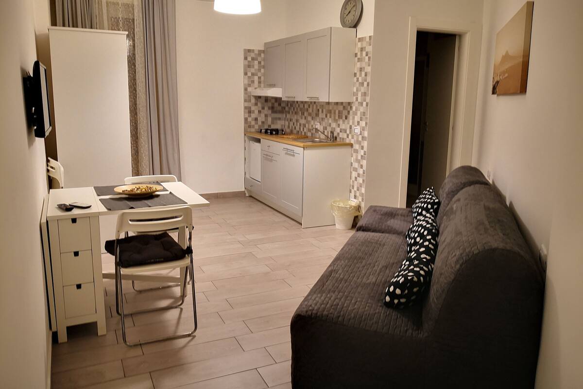 A compact living space with a kitchenette, a dining area, and a sofa.