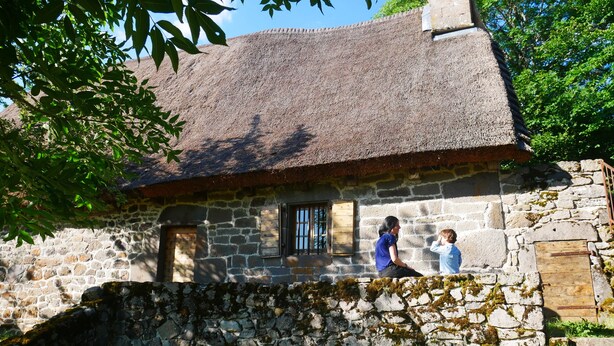 Une petite maison en pierre avec un toit de chaume, une porte en bois et une petite fenêtre.