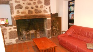 Un salon avec une cheminée en pierre, un canapé rouge et une table basse en bois.
