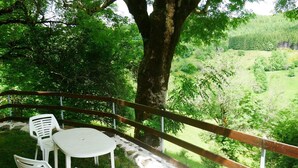 Une terrasse avec une table et deux chaises, donnant sur un paysage verdoyant et luxuriant.