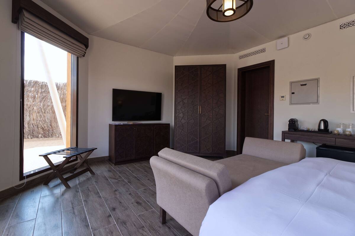 Una habitación de hotel moderna con una cama grande, televisión de pantalla plana, escritorio y armario.