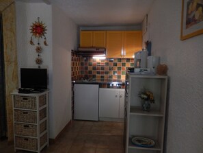 Kjøleskap, mikrobølgeovn, kokeplater og kaffetrakter/tekoker