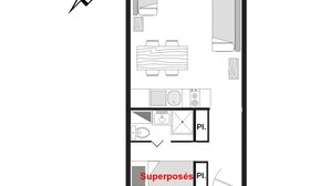 A floor plan with a TV, a superposed room, and a kitchen area. - Ski-in studio with balcony views in Notre-Dame-de-Bellecombe (Notre-Dame-de-Bellecombe)
