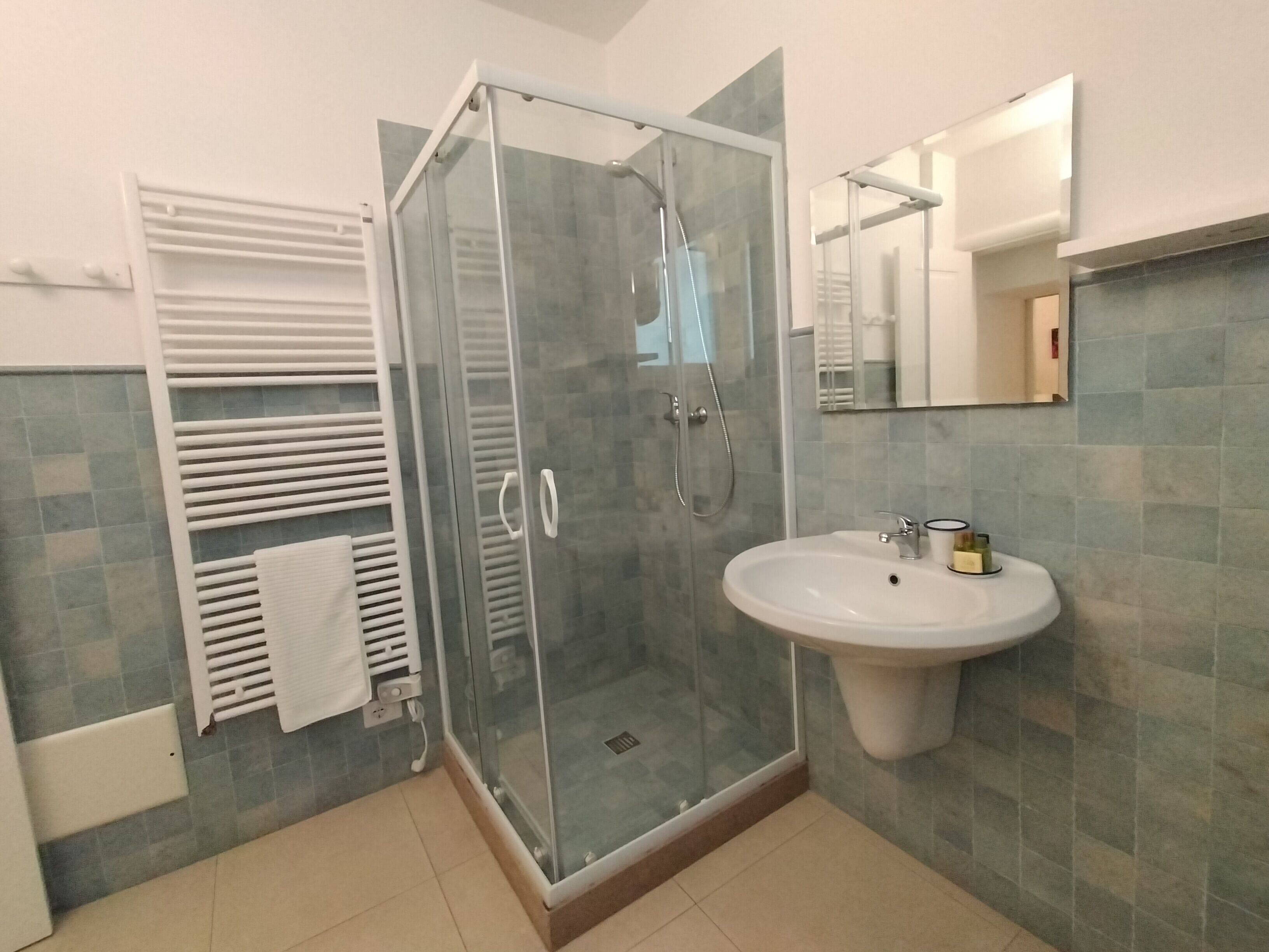 A bathroom with a glass-enclosed shower, a white sink, and a towel rack.