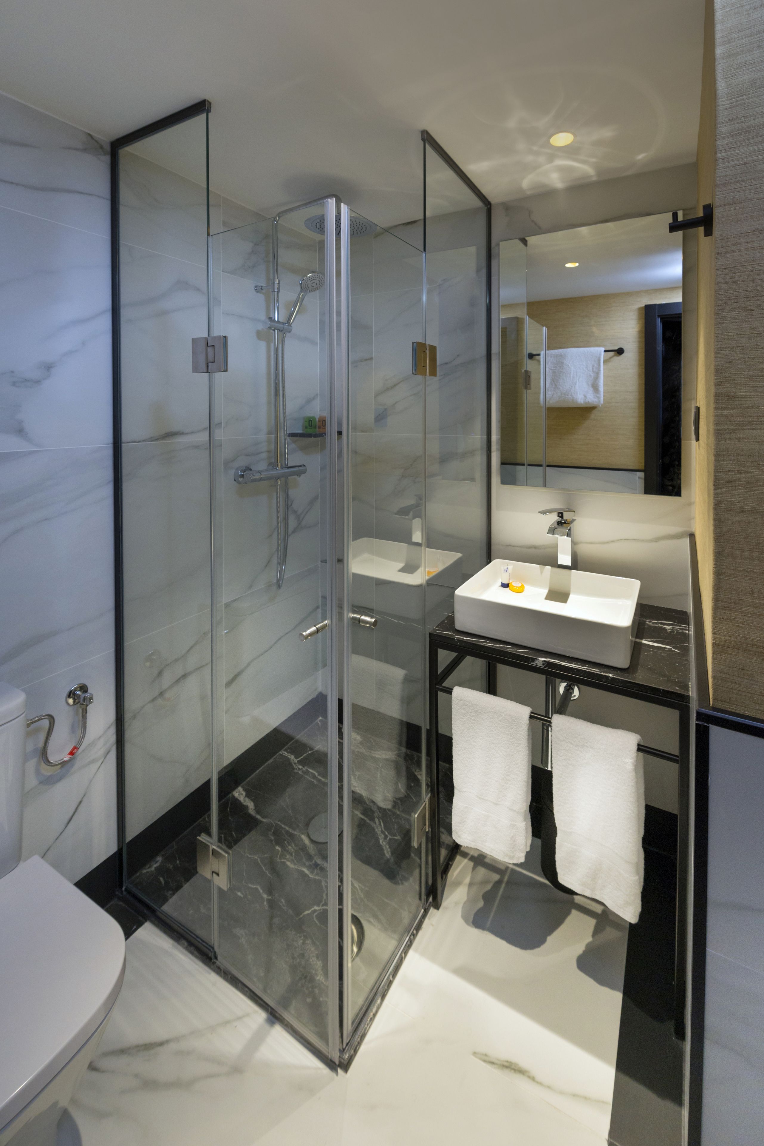 Un baño moderno con ducha de vidrio, lavabo blanco y un inodoro.