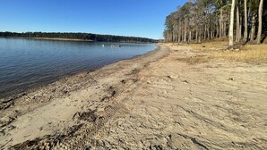 En sandstrand med krystalklart vand og en række træer i baggrunden.
