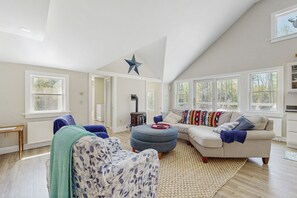 TV, lareira, livros, aparelho de som