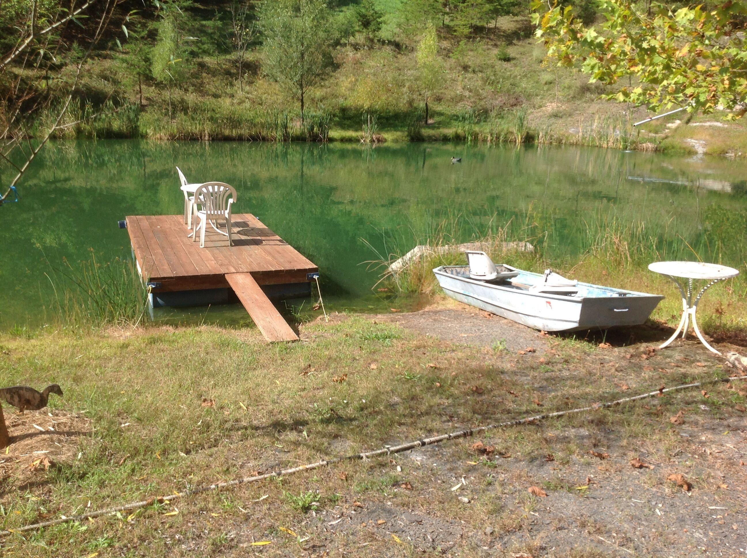 A wooden dock with a chair and a small boat, a table, and a grassy area with a bird.