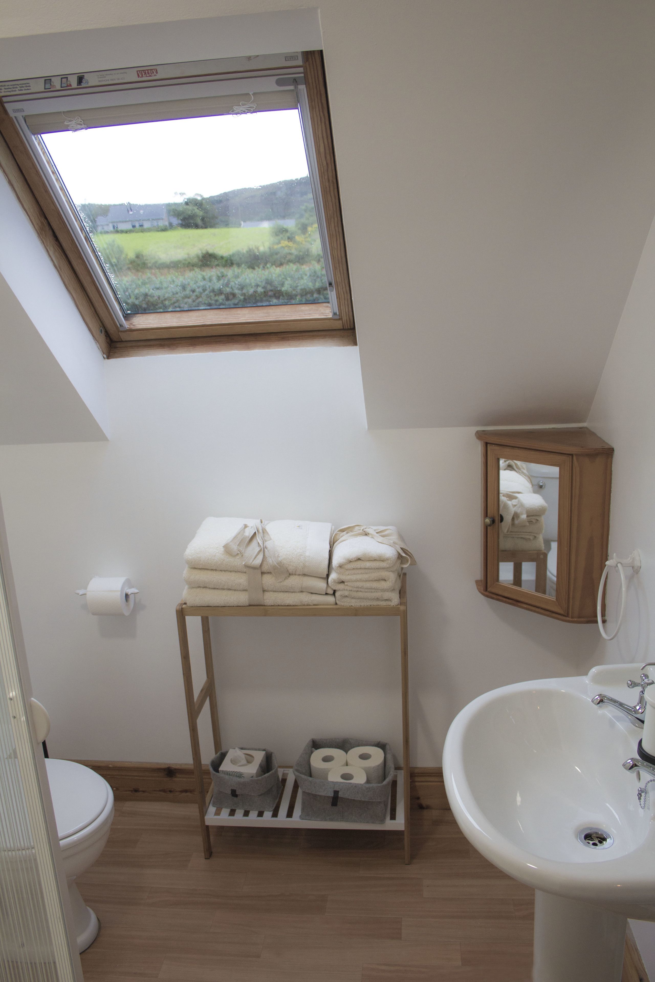A bathroom with a skylight, a sink, a toilet, and a towel rack.