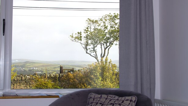 Una habitación con un amplio ventanal que ofrece vistas a un árbol y colinas ondulantes.