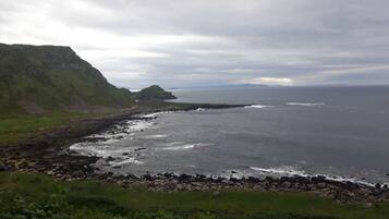 A coastal landscape with rocky shores, grassy areas, and a distant view of the sea under a cloudy sky.