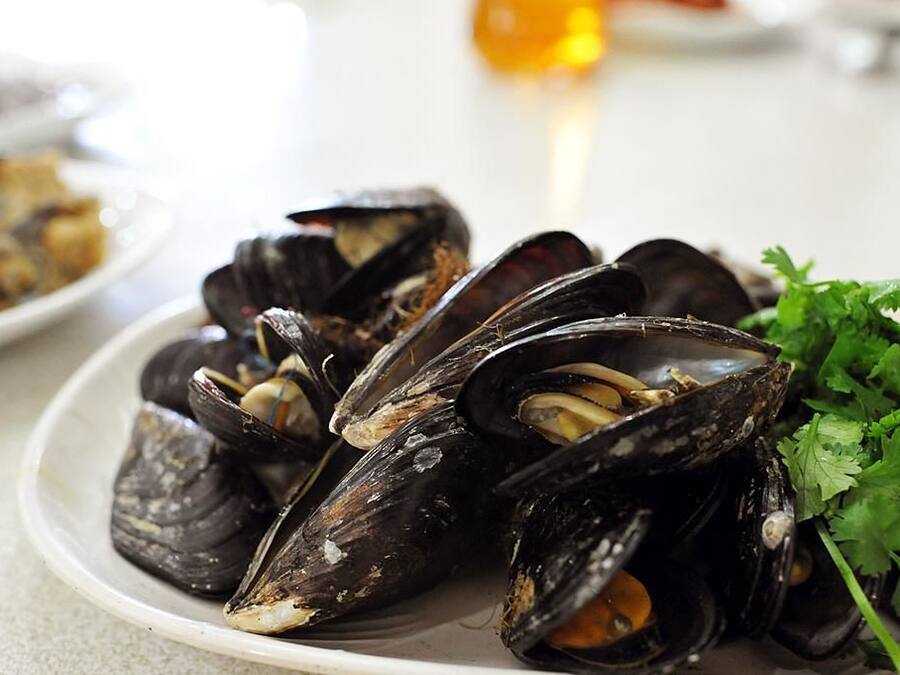 Un plato de mejillones con guarnición de perejil.