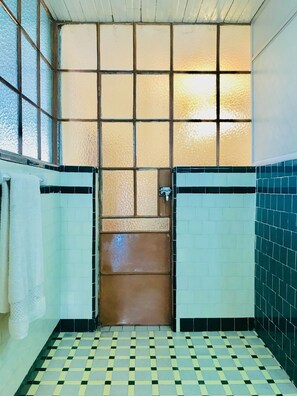 Regadera, bidet, toallas, jabón 
