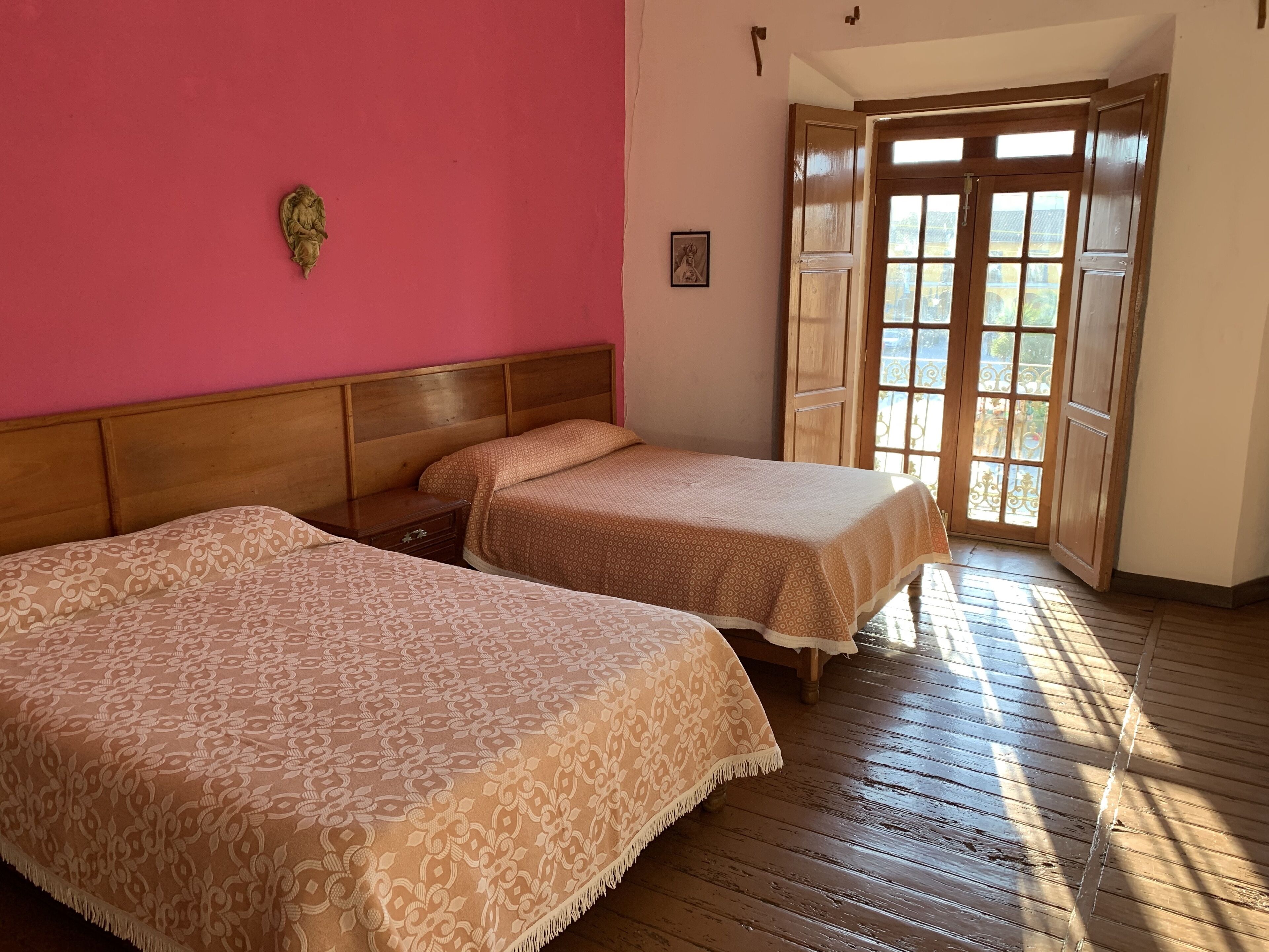 A room with two beds, wooden headboards, a pink wall, a wooden door, and a window with a view.