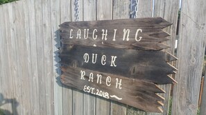 Ein Holzschild mit der Aufschrift "LAUGHING QUACK RANCH GRÜNDUNG 2018".