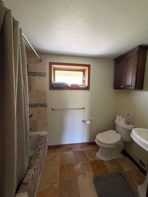 Combined shower/tub, hair dryer, bidet, towels