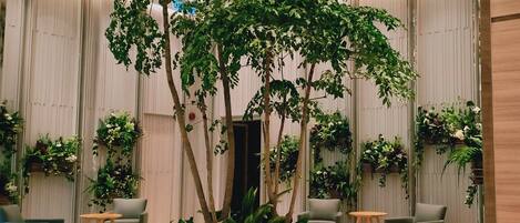 A lobby with a large indoor tree, several chairs, and tables.