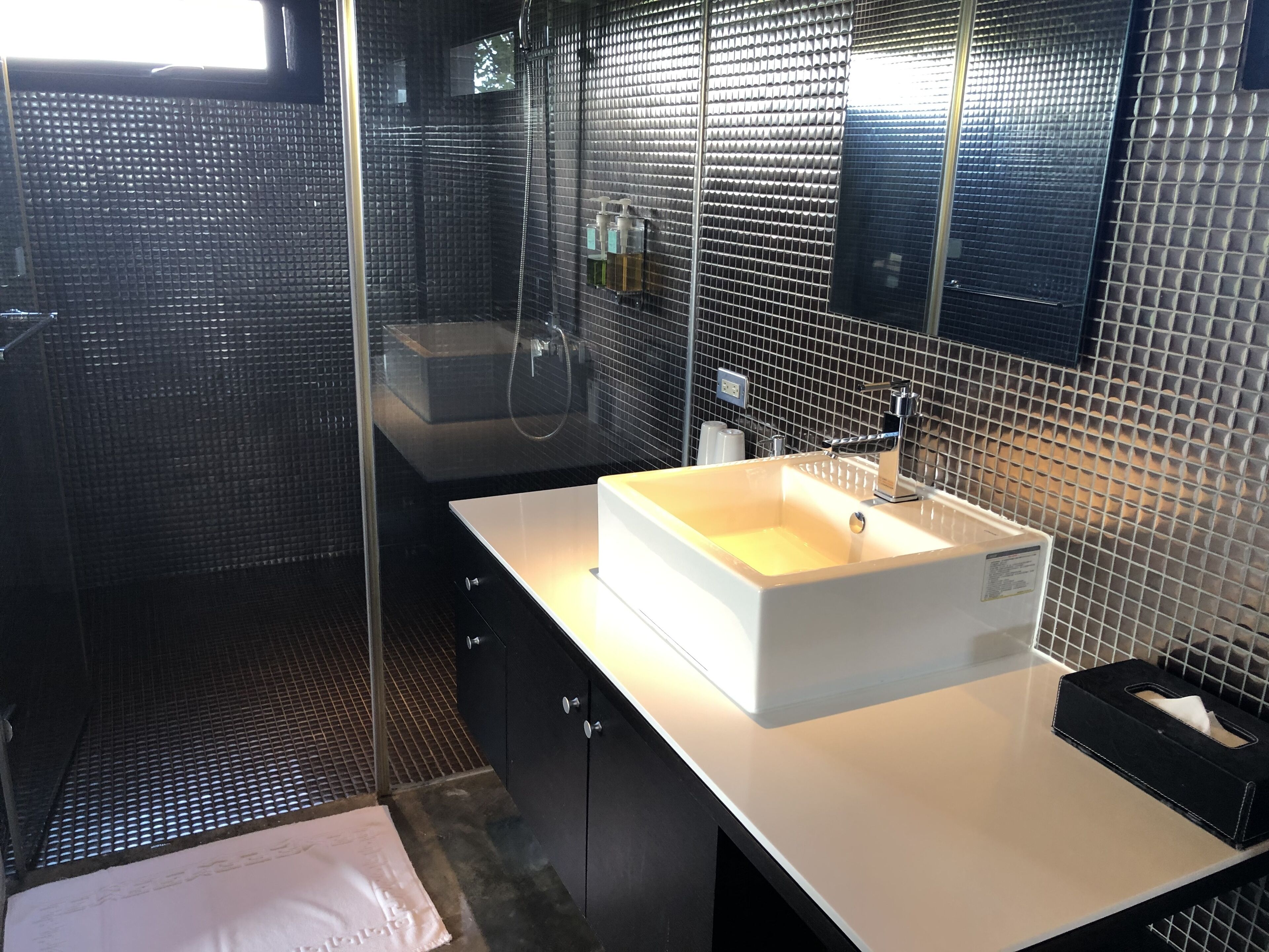 Une salle de bain moderne avec une douche à parois de verre, un lavabo blanc et un meuble noir.