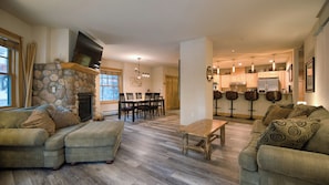 Smart TV, fireplace, books