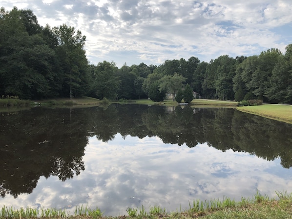 Ein ruhiger See, umgeben von dichtem Wald und einem Gebäude in der Ferne.
