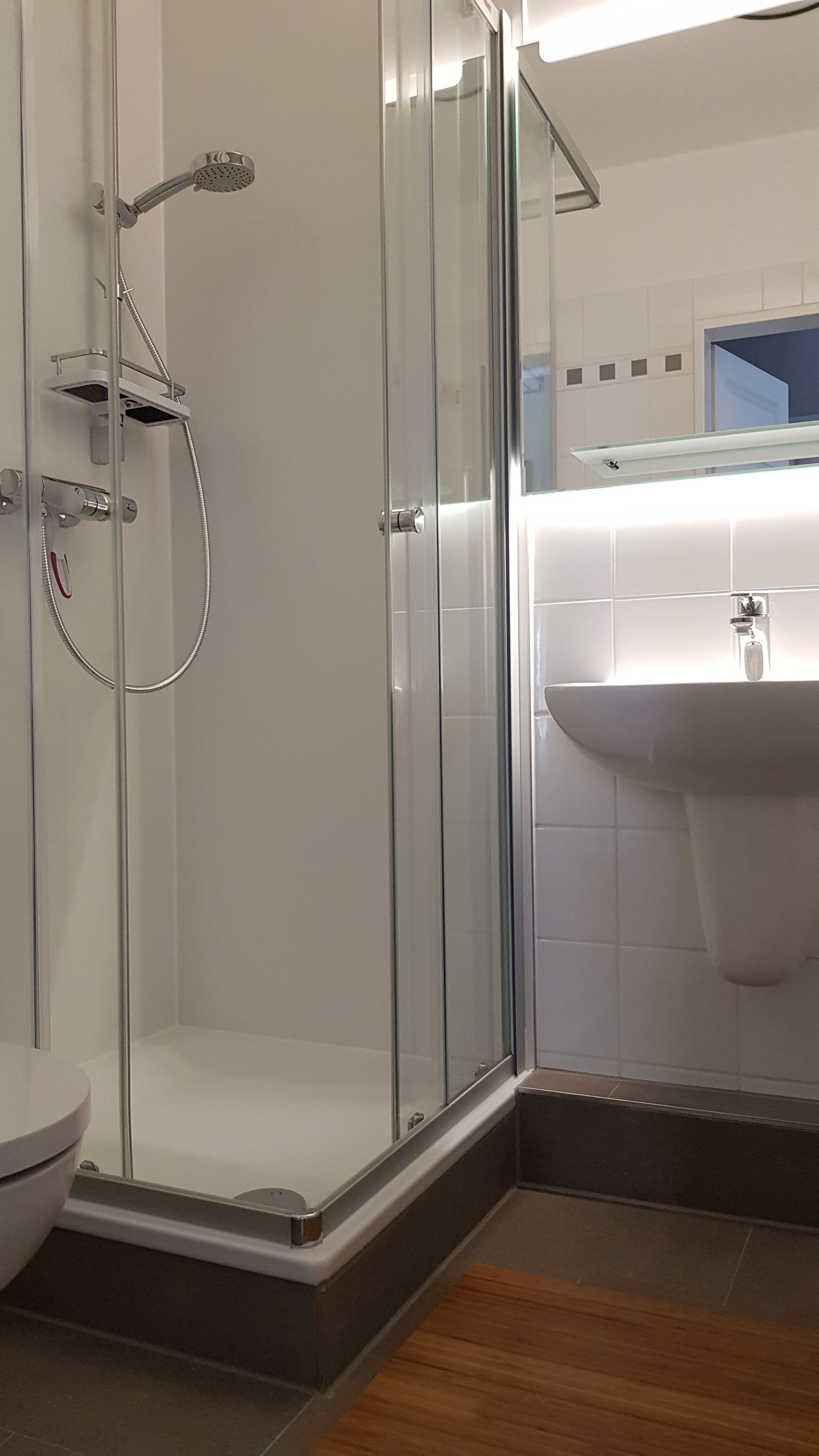 A modern bathroom with a glass-enclosed shower, a white sink, and a wooden floor.