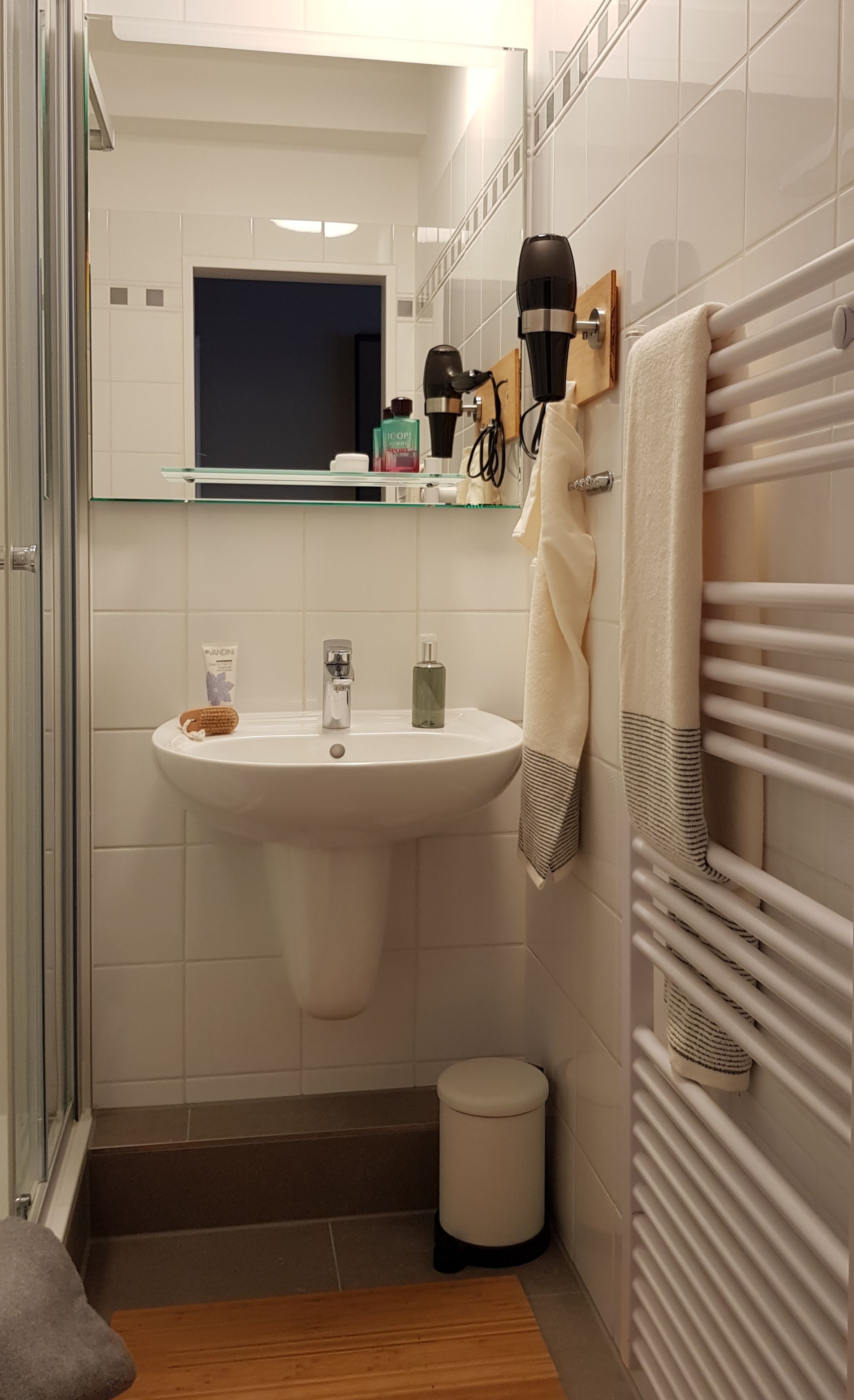 A bathroom with a white sink, a mirror, a towel rack, and a hairdryer.