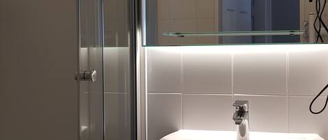 A modern bathroom with a glass shower enclosure, a white sink, and a mirror above the sink.