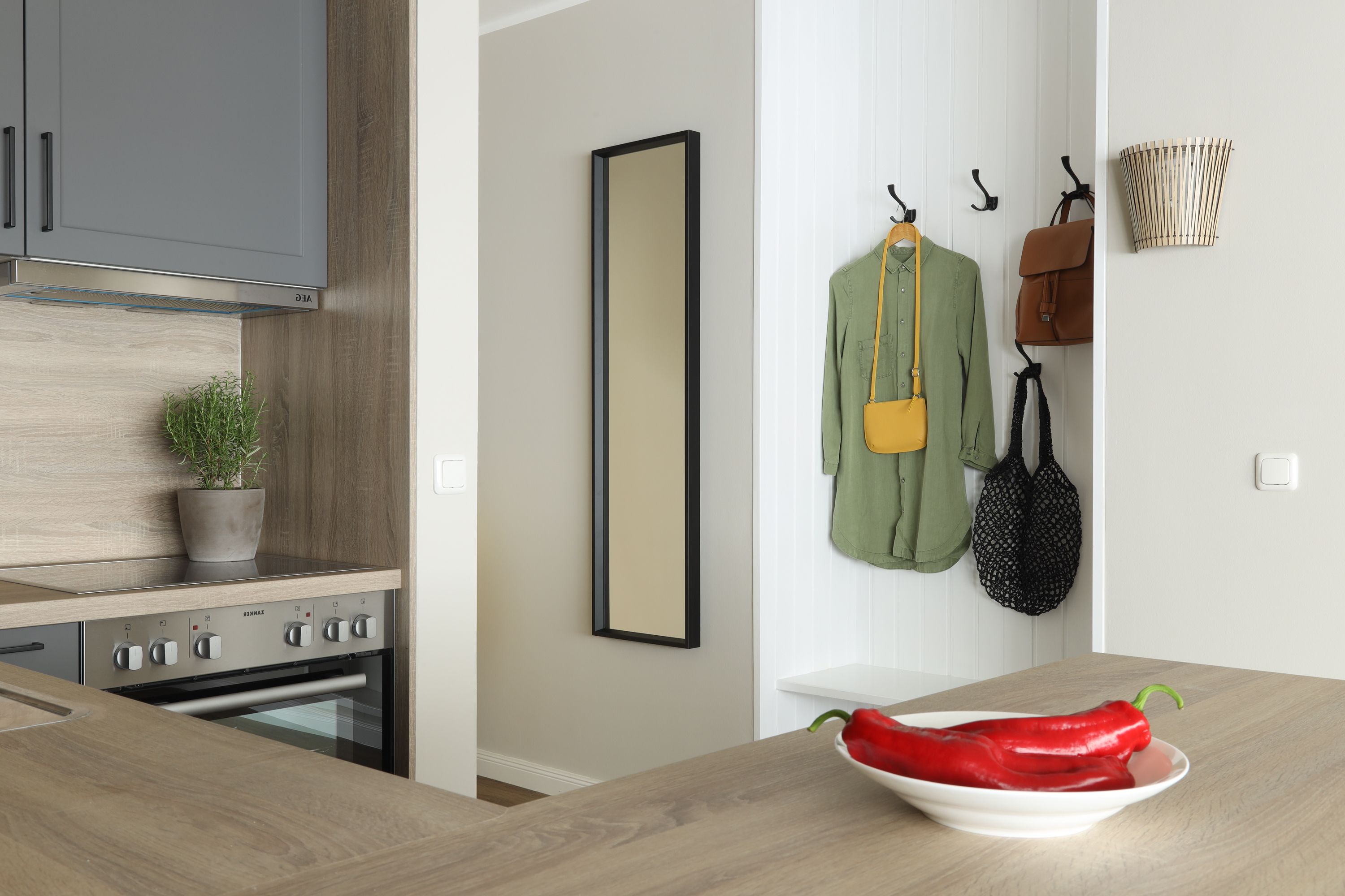 A modern kitchen with stainless steel appliances, a wooden countertop, and a potted plant.