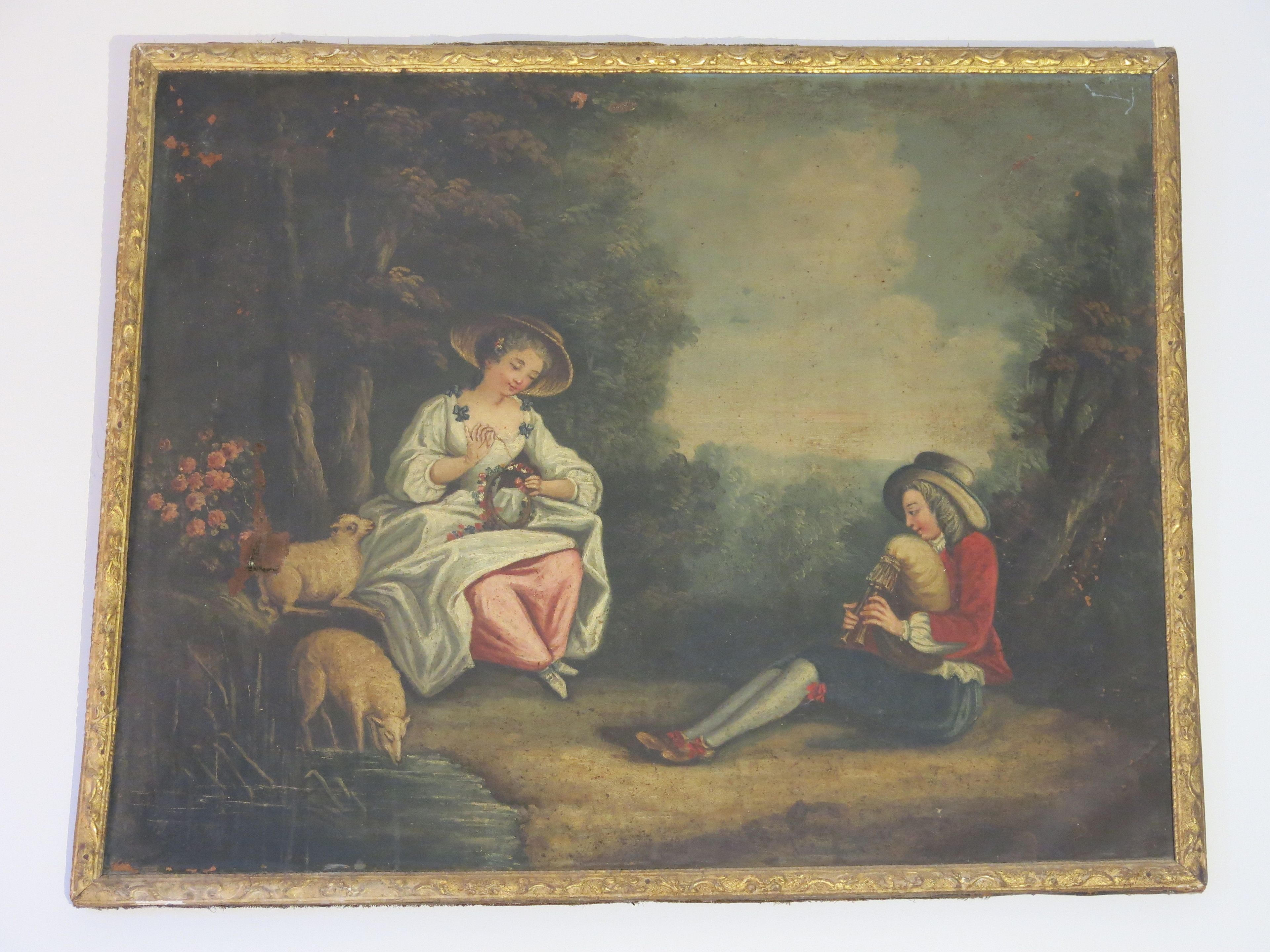 A classical painting with two figures, one seated and one standing, in a natural setting with a dog and flowers.