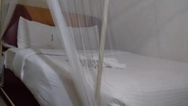 A bed with white bedding and a mosquito net. - Vegas Hotel (Kampala)