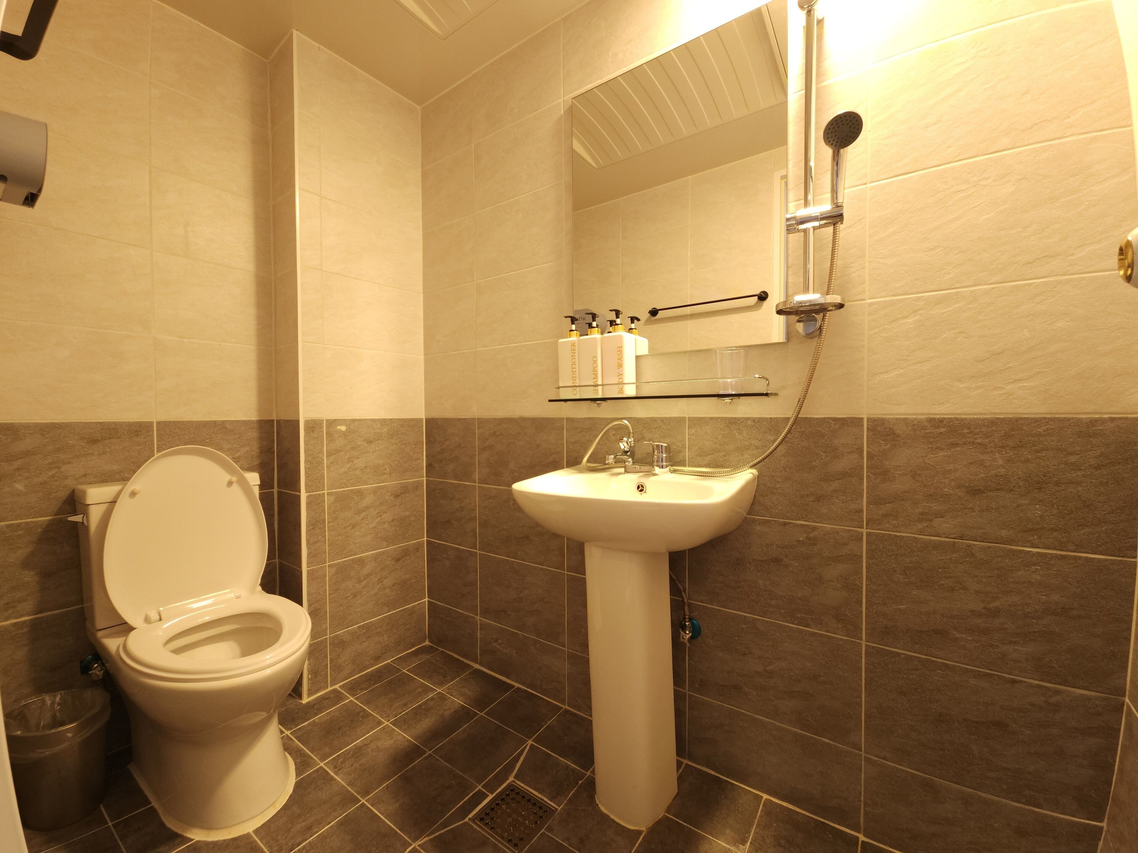 Un baño con inodoro, lavabo y ducha.