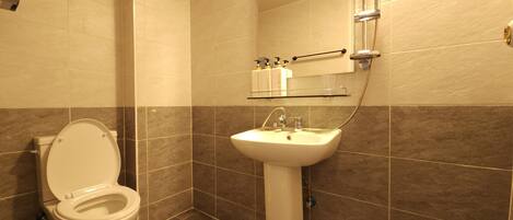 Un baño con inodoro, lavabo y ducha.
