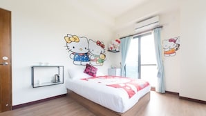 A bedroom with a wooden bed, Hello Kitty wall decals, a bedside table, and a window with curtains. - Yujing Mountain Water Residence I (Tainan)