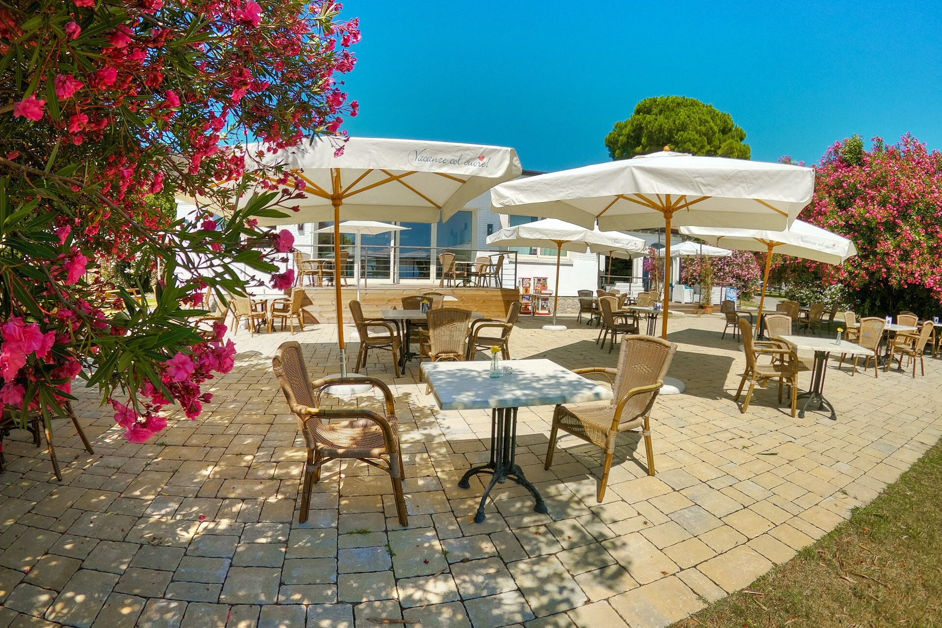 An outdoor patio with wicker chairs and tables, white umbrellas, and pink flowering plants.