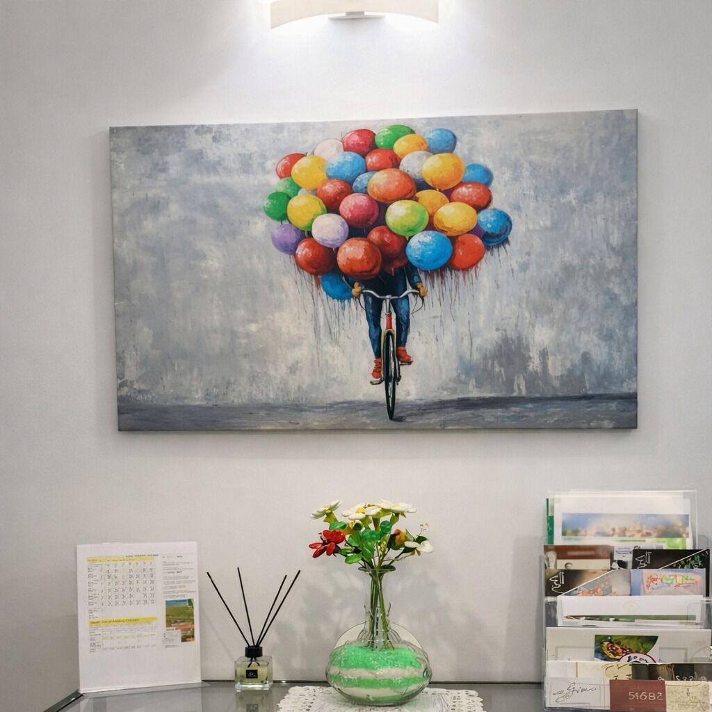 Una pintura d'una persona en bicicleta amb globus de colors, un vas amb flors i un escriptori amb un calendari i un suport per targetes.