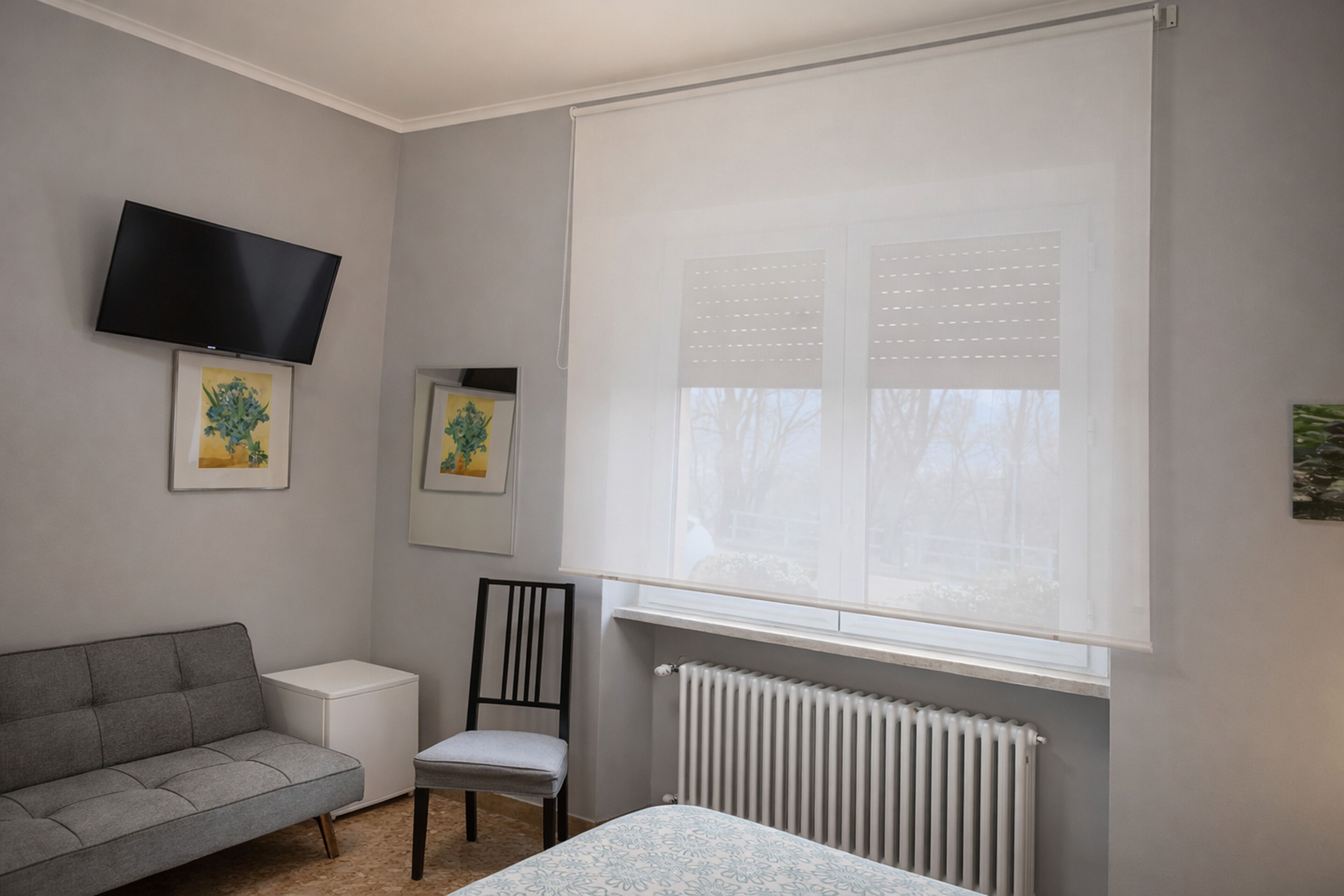 A room with a gray sofa, a white radiator, a framed picture, a television, and a window with blinds.