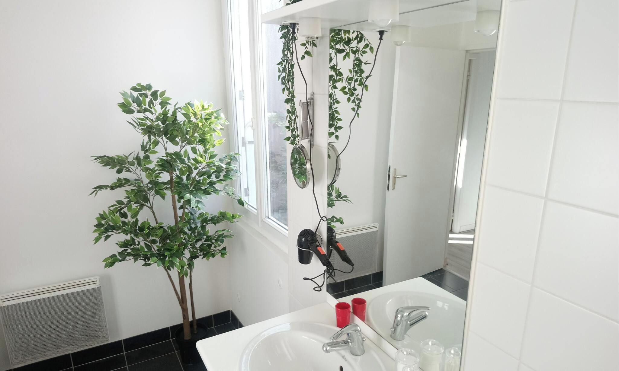 Un baño con un lavamanos blanco, un espejo y una planta en maceta.