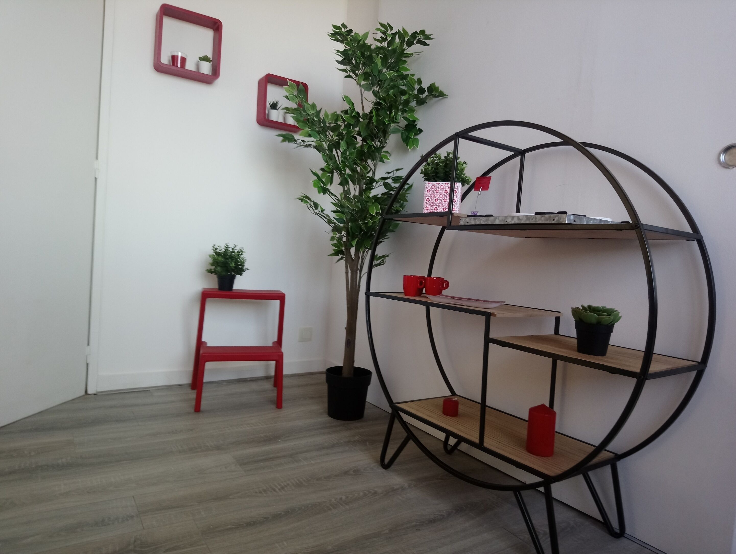 A room with a red chair, a potted plant, and a black metal shelving unit.