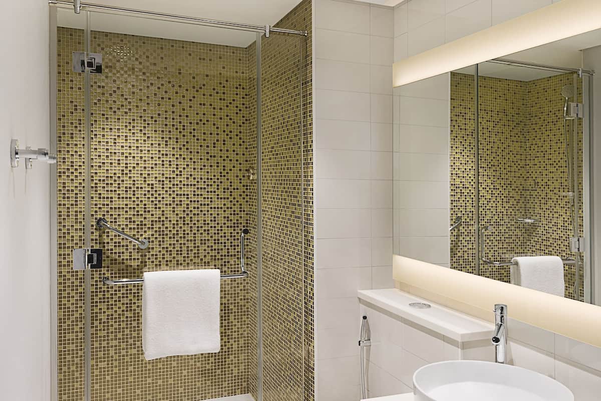 deep-soaking bathtub, hair dryer, bathrobes, bidet