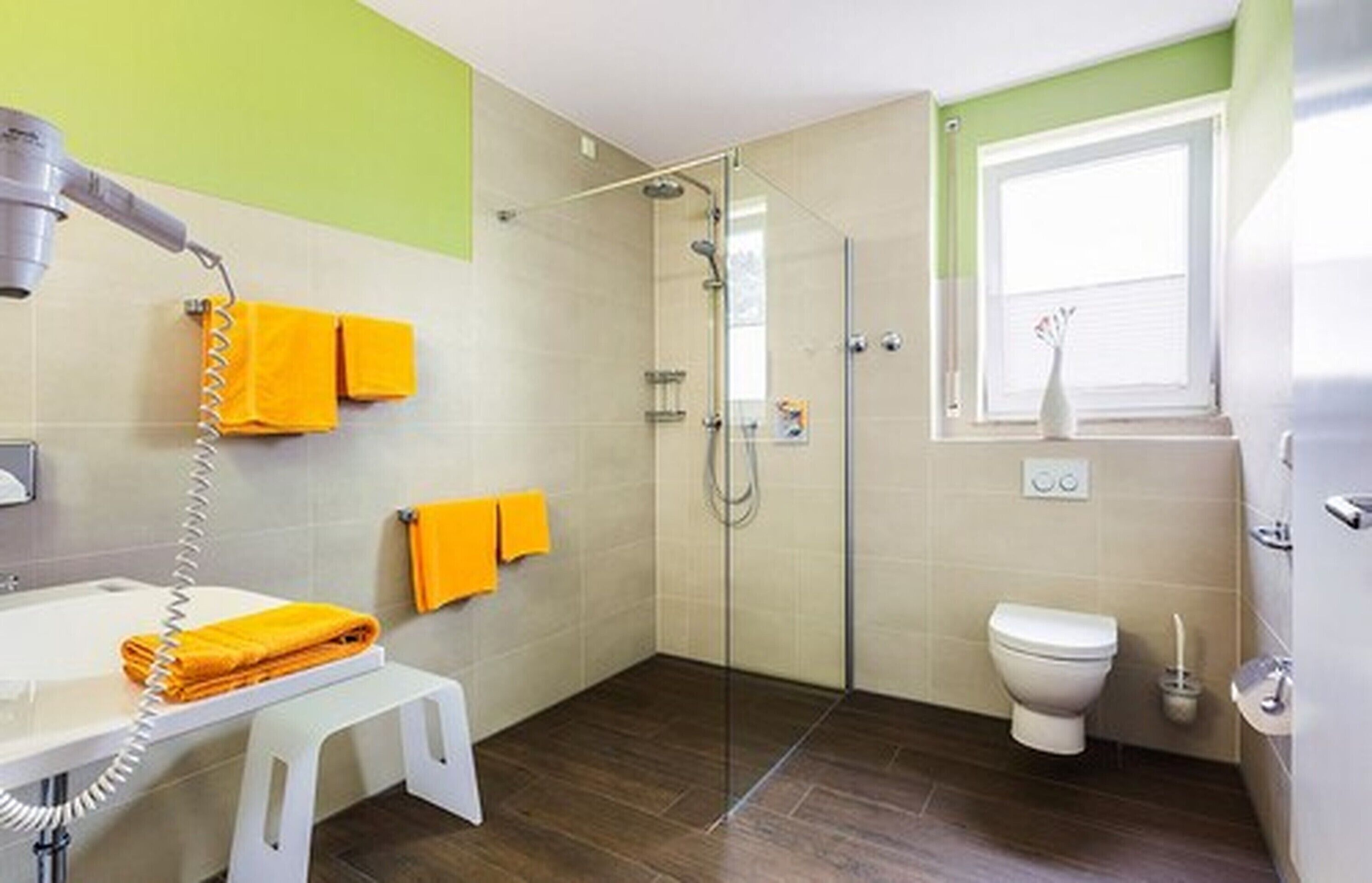 comfort double room | bathroom | shower, hair dryer, slippers, towels
