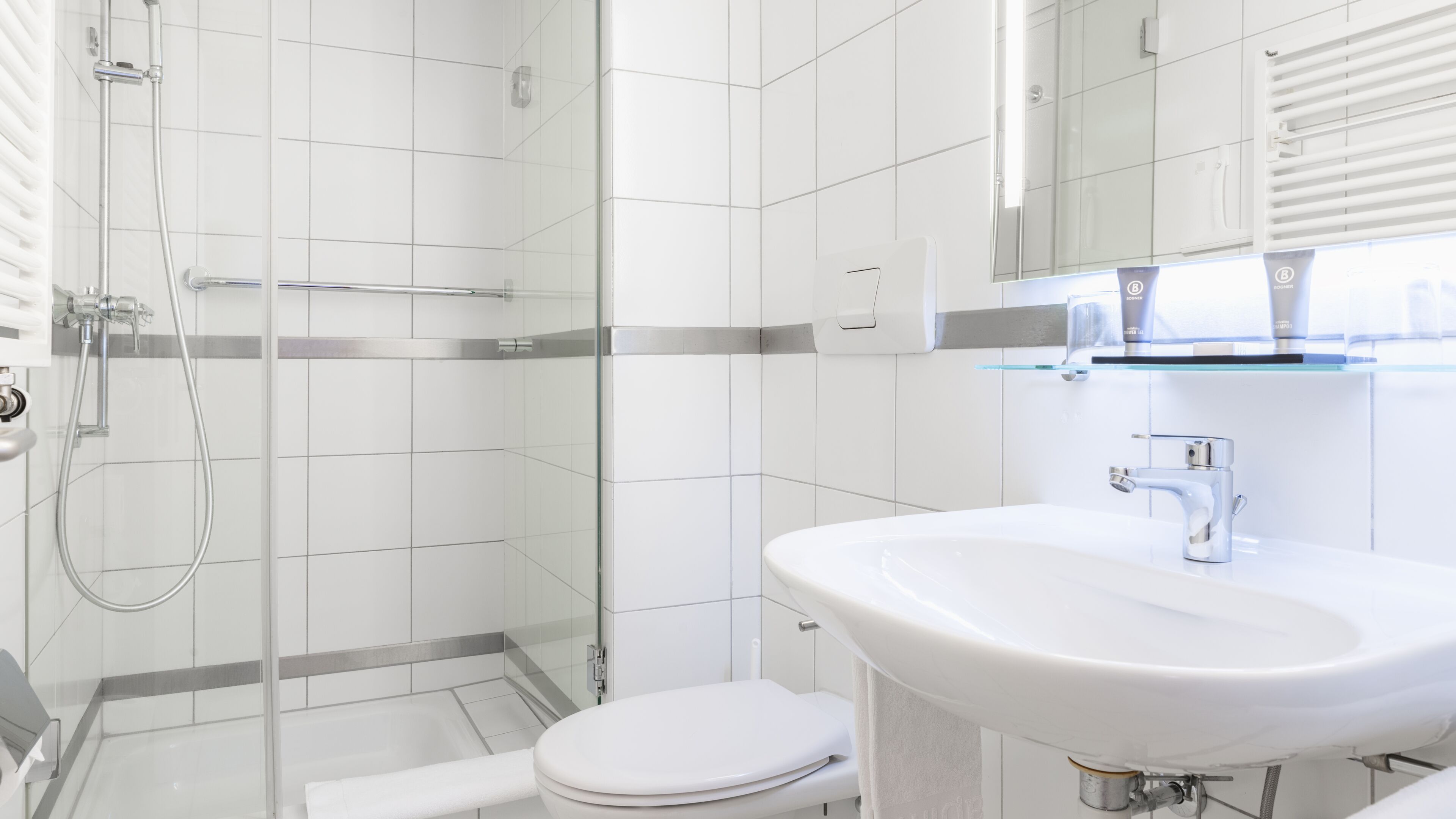 A modern bathroom with a glass shower enclosure, a white sink, and a toilet.