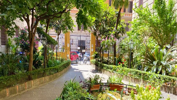A courtyard with a paved walkway, surrounded by lush greenery and potted plants. - Sweet Dream Roma Termini (Rome)