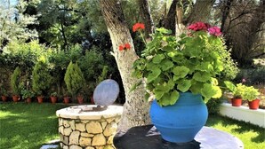Un jardín con una fuente de piedra, una maceta azul grande con flores y diversas plantas en macetas.